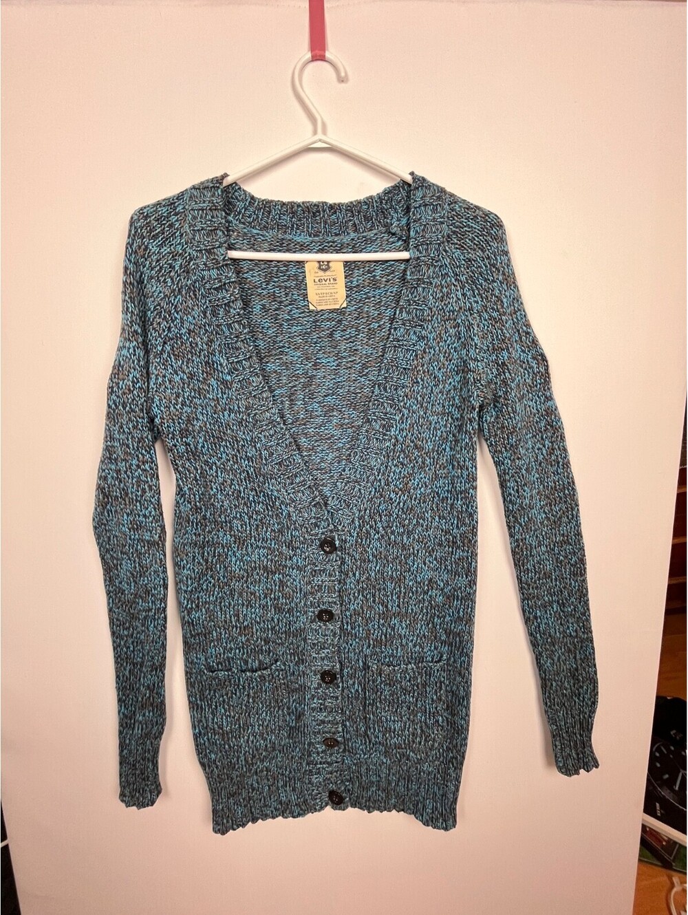 Levi’s Marled Knit Cardigan XS Blue Brown V-Neck Button Cotton Cozy Sweater